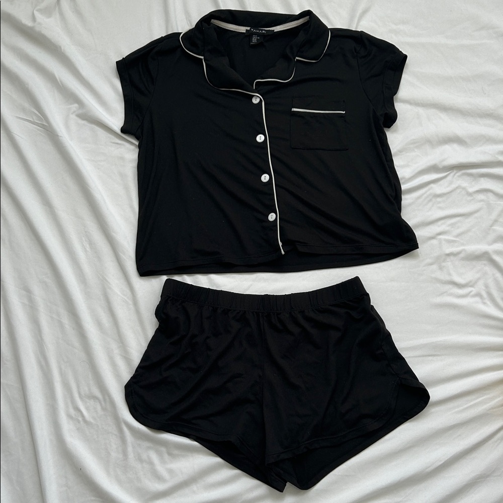 Tahari Black Pajama Set with White Trim - Size M